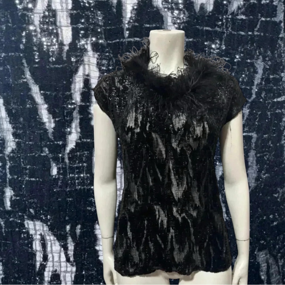 Vintage Joseph Ribkoff Black Burnout Velvet Ostrich Feather Top Evening Glam - Picture 10 of 13